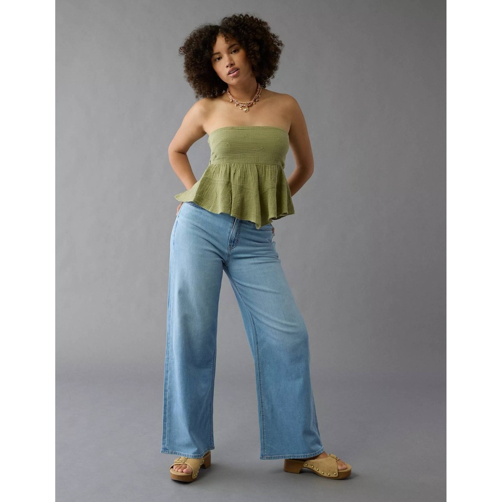 AE Curvy Dreamy Drape Super High-Rise Baggy Wide Leg Jeans Light Wash Blue 10R